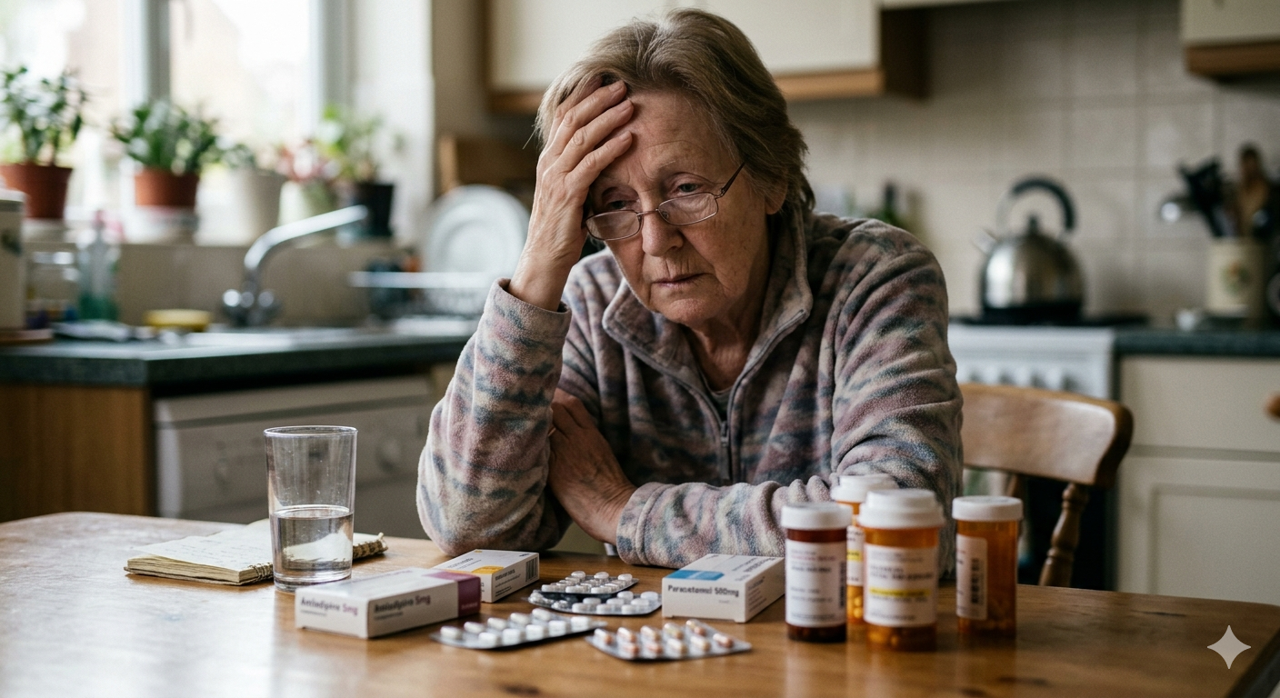 Persona mayor preocupada por su medicación