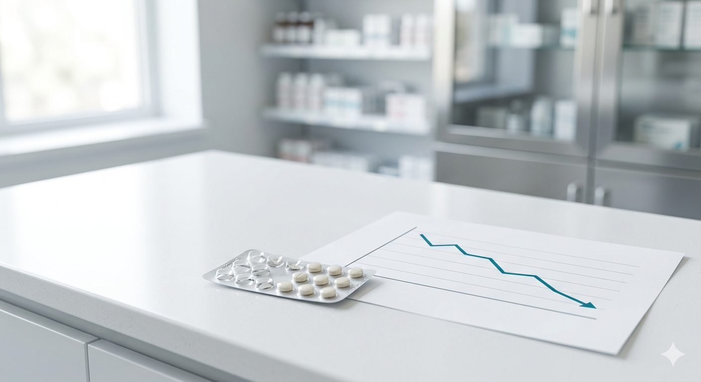 Blíster de medicamentos junto a gráfico de adherencia en un mostrador de farmacia