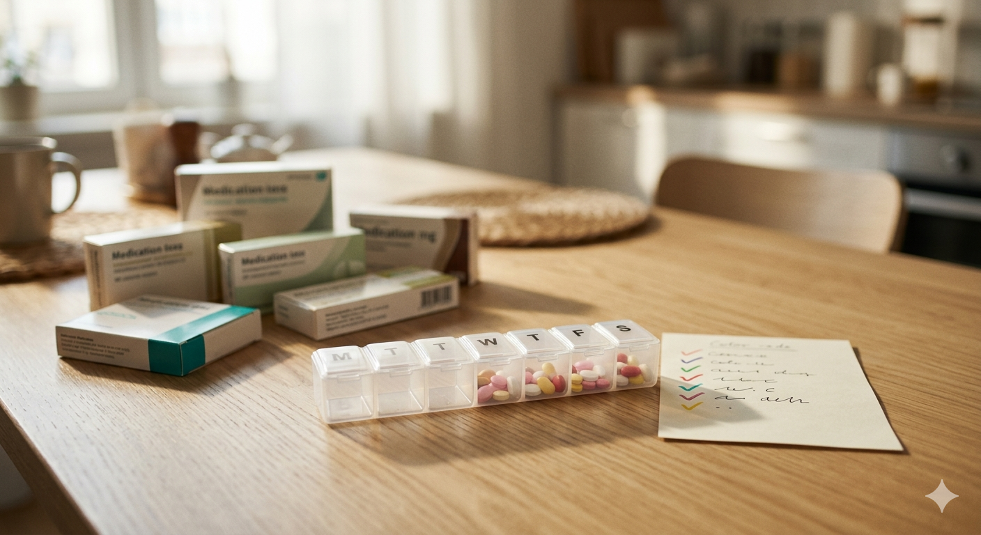 Organitzador setmanal de pastilles amb medicaments per a pacient polimedicat