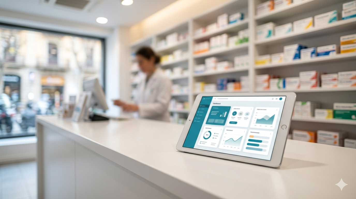Pharmacist at dispensing counter with a tablet showing patient adherence data