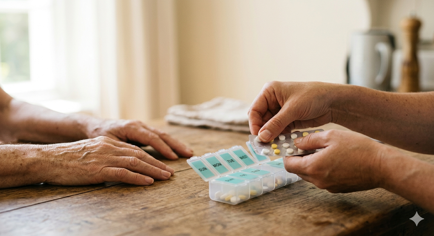 Caregiver's hands sorting pills into a weekly pill organiser for an elderly patient
